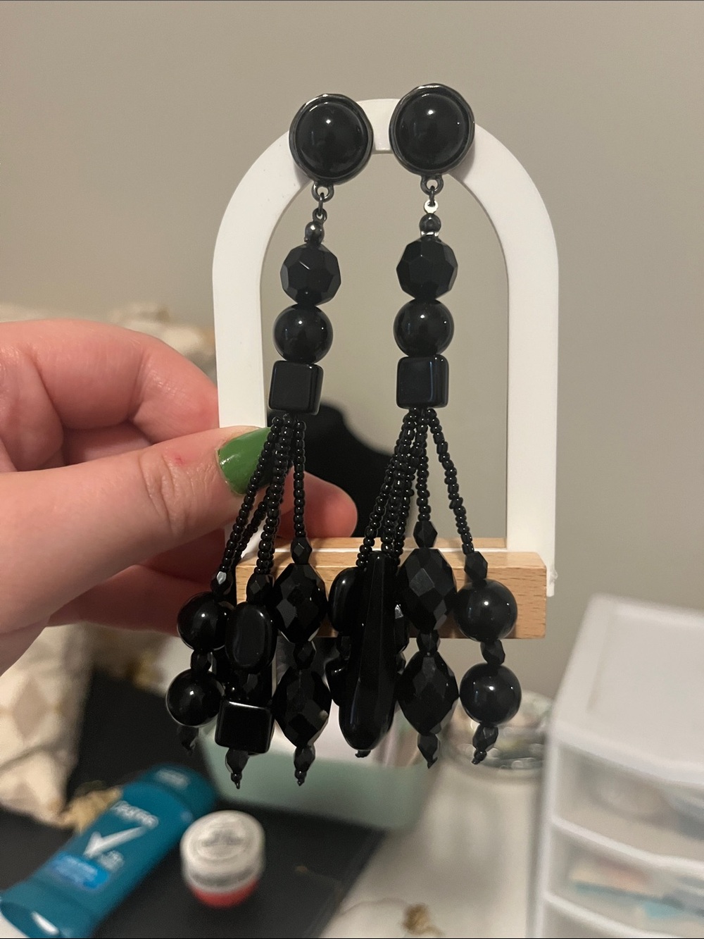 Victora Mourning Gothic Faceted Black Beads Chandelier Tassel Earrings Cocktail
